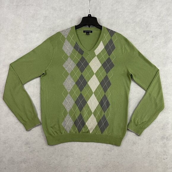Banana Republic V Neck Sweater Mens Large Green Argyle Silk Cotton Cashmere - Picture 6 of 11